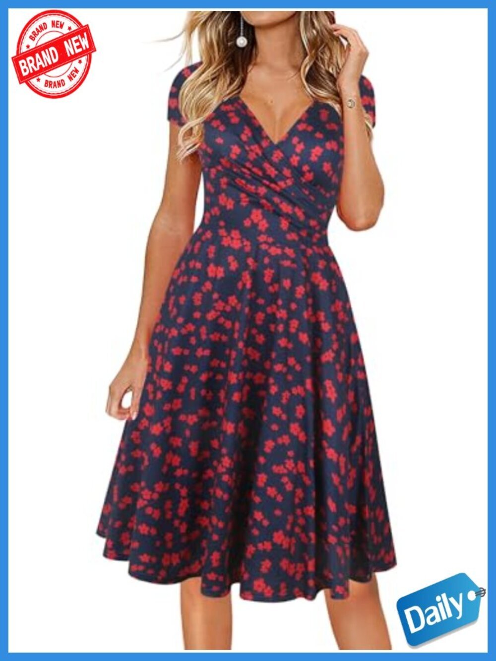 Women's V-Neck Floral Fit & Flare Dress with Cap Sleeves